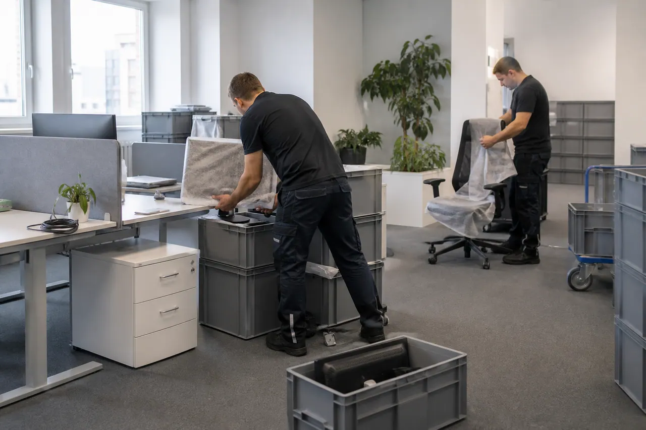 Verpackte Bürostühle und IT-Ausstattung vor einem Büroumzug.