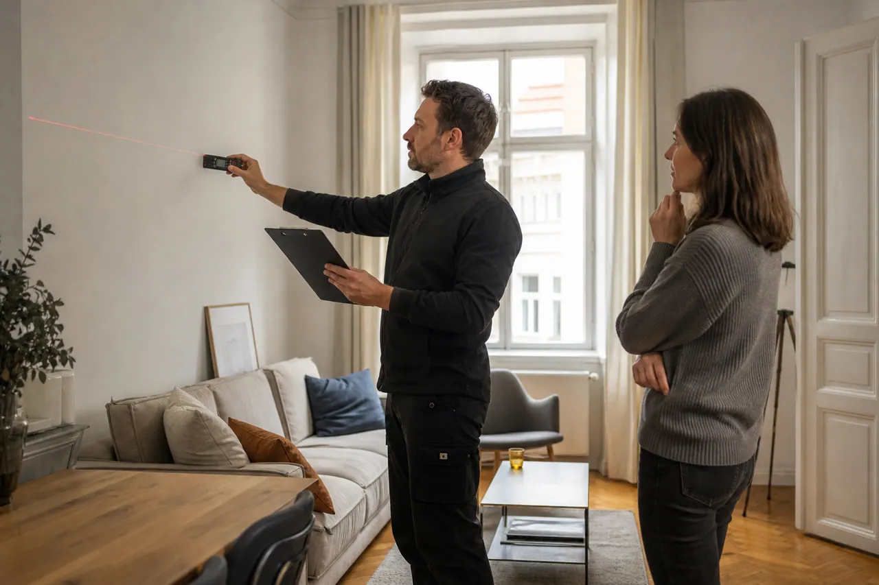 Hände halten Klemmbrett mit Checkliste zur Planung der Entrümpelung.